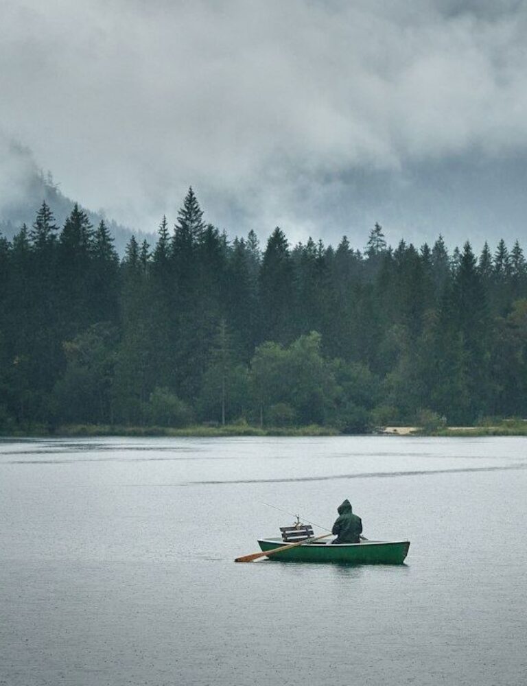 Pêcheur en barque sur un lac brumeux bordé de conifères